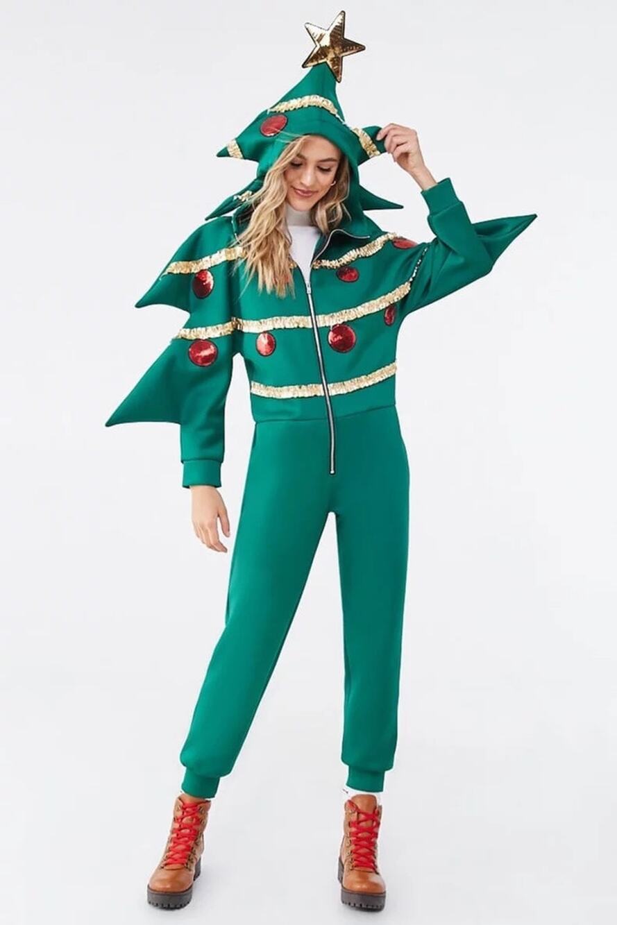 Forever 21 Christmas Tree Jumpsuit Scuba Knit One Piece Party Outfit women M New